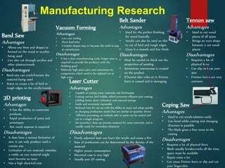Manufacturing Research
Band Saw
Advantages
• Allows any lines and shapes to
formed on the wood or acrylics
being used
• Can also cut through acrylics and
other plastics/woods
Disadvantages
• Band saw can crack/fracture the
material being used
• Starts to create a lot of bird or
rough edges on the acrylic/woods.
3D printing
Advantages
• It has the ability to customize
products
• Rapid production of parts and
prototypes
• Not much expense is required
Disadvantages
• It does have a serious limitation of
size, it can only produce until a
certain size
• Limitation of raw material, mistakes
a viable, so raw material might
start become an issue
• Has a high electrical cost
Vacuum Forming
Advantages
• Low cost tooling
• Short lead time
• Complex shapes easy to because the mold is easy
to manufacture
Disadvantages
• It has a slow manufacturing cycle, longer time is
required to provide the producer with the
finishing good
• Relatively high piece part cost, sometimes its
components which need to be replaced are at
high costs.
Laser Cutter
Advantages
• Capable of cutting many materials and thicknesses
• Cutting narrow kerf widths, which promotes efficient part nesting,
yielding better sheet utilization and material savings
• Easily and accurately repeatable
• Reduced time for set-up with the ability to react and adapt quickly
to changing production needs that are market or quantity driven
• Efficient processing, as multiple jobs or parts can be nested and
cut in a single program.
• No secondary clean up process required for most materials, and is
usually ready for immediate shipment
Disadvantages
• Poorly adjusted laser can burn the acrylic and cause a fire
• Rate of production can be determined by the density of the
material
• Higher power consumption
• Electrical cost is very high
• Usually just 2D cutting
Belt Sander
Advantages
• Used for the perfect finishing
for wood basically
• Acrylic can also be used on this
to cut of bird and rough edges
• Gives it a smooth and fine finish
Disadvantages
• Must be careful to check out the
proportion of sanding.
• Sometimes unevenness is created
on the product
• If human skin rubs on it, friction
burn is caused and is damaging.
Tennon saw
Advantages
• Used to cut wood
pieces of all types.
• Brings an even shape
between 2 cut wood
pieces
Disadvantages
• Requires a lot of
physical force
• Can slip and cut your
skin
• Friction burns are very
common
Coping Saw
Advantages
• Used to cut acrylic/plastics easily
• Can bend while cutting and changing
direction is possible
• The blade gives a free move to the
cutting
Disadvantages
• Requires a lot of physical force
• Blade usually breaks/cracks all the time,
spare must be available
• Repair costs a lot
• Cut cause friction burn or slip and cut
your finger/skin
 