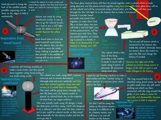 Inspiration from
mood board
Used plywood to bring the
look of the satellite panels,
possible engraving can be
done on the edges to help it
aesthetically Sphere was made by using
translucent acrylic, it was an
idea to go for colored acrylic,
but I had to put a LED light
inside the sphere so that it
would disperse the yellow
light.
Used dowel joint to form the
panel-inspired wood pieces
into the sphere, they can also
be used to carry the whole
lamp, making it portable and
also provide it the stability of
staying still on any position
you put it in.
I created the sphere in 2 semi circles and
joined them together, but they both had to be
hollow, so I used the vacuum former to make
it work
Inspiration basically
came from a moving
satellite, but because I
also had the Sci-Fi
theme, I put a sphere in
the middle to make it
look like a moving
scanning probe.
1
Inspiration from
mood board
Formed 2 circular based
pyramids and joined them
together, to make them look
like a an hour glass, top part
will hold a red LED light (due
to the questionnaire) and the
bottom part with blue. They
are joined together as a bottle
cap is joined to a bottle. It
helps in its disassembly if you
require to change your LED
The hour glass inspired lamp will then be joined together with a cuboid which is made
using plywood, and the pieces joined together using butt joints. The hour glass lamp will sit
on the cuboid and will be connected using a dowel joint, and the wires will then pass
through for the LED light in to the battery slot to make it functional
The on and off button which is
connected to the battery slot
inside the cuboid, obviously there
are screws above the switch to
open the flab and change the
battery if needed.
The cuboid which is the
base of the lamp,
providing it the stability
it needs to stand still, is
made using 6 pieces of
plywood, all connected
using wood glue.
However the right end of the
cuboid was joined using screws or
hinges, to be able to open it and
make changes in the battery.
Inspiration basically
came a photo taken
by the Hubble
telescope which
reimages a picture
of an hour glass
2
I used the 3D Printing machine to
make 2 semi-circles and then joined
them together using dowel joints, it
was made using acrylic. The cuboid was made using MDF, 4 pieces
were cut out in certain dimensions
(through trial and error methods) and then
were butt jointed together using nuts and
screws, so it would help in disassembly.
The wires will be going down through this
into the base were the battery socket is
placed, its colored black due to the majority
of votes from my target audience
This was actually made using 2D design, I made
the dimension and then using CAD/CAM designed
it on a software, and then used the laser cutter to
cut it out, could be colored acrylic or thin wood,
this is basically for the battery socket and has the
wires go into it
Inspiration from
mood board
Inspiration basically
came from a hovering
space ship shaped like a
tower, so the sphere on
the top represents
theme, and the bottom
bases represent its
mechanism .
3
I used the 3D Printing machine to make 2
semi-circles and then I joined using an
either, mortise or a tennon joint, which
suits it the best
The ring around had to be
attached using dowel joints, we had
to poles made from any soft wood
sticking out which we then
connected with the ring around the
globe, it just makes it easier for
assembly and disassembly, because
not 1 screw or bolt is required
For this I will be using the
mains as the power source,
because it is difficult to fit
in a battery socket, and
will have a on and off
button on the bottom
Inspiration from
mood board Inspiration basically came a
photo taken from outer
space by a telescope, it
shows a gas ring around
the spherical planet, this is
what I tried to replicate
4
Size
Length: 25cm
Width: 10cm
Size
Length: 10cm
Width: 20cm
Size
Length: 25cm
Width: 10cm
Size
Length:
15cm
Width:
20cm
 