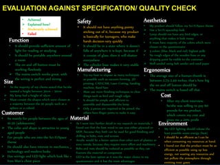 EVALUATION AGAINST SPECIFICATION/ QUALITY CHECK
Function
• It should provide sufficient amount of
light for reading or studying
• It should be portable anywhere around
a room
• The on and off button must be
working flawlessly
 The mains switch works great, with
the wiring is perfect and strong
Aesthetics
• My product should follow my Sci-Fi/Space theme
 Has a Sci-Fi spaceship look
• Lamp should not have any bird edges, or
anything that makes it look messy
• It must have majority of the colors which were
chosen in the questionnaire
 3 colors (blue, black and red) highest polls
• No rough edges of the wooden base or any
dripping paint be visible to the costumer
 Well sanded using belt sander and sand paper
Safety
• It should not have anything pointy
sticking out of it, because my product
is basically for teenagers, who make
harsh decision very quickly
• It should be in a state where it doesn't
falls of anywhere it is kept, because if
it consist of glass, then it will shatter
everywhere
 The cylinder base makes it very stable
Size
• As the majority of my clients stated that he/she
wanted a height between 30cm – 50cm
 My lamp had a height of 45cm
• Must consist the shapes which were chosen at
a majority between the 50 people such as a
sphere or a cuboid
Customer
• Its mainly for people between the ages of
10-20 (adolescents)
 The color and shape is attractive to young
aged people
• For people who are into the Sci-Fi/Space
theme
• He should also have interest in mechanics,
technology and modern looks
 Has wirings and LED light which look like
Iron Man’s chest piece
Material
• As I went into further detail in my research on materials, I
found out that the best wood to use was either plywood or
MDF, because they both can be used for good finishing and
drilling in bolts, nuts and screws.
• Acrylic would be a better option than other sort of plastics or
even metals, because they require more effort and machinery
• Bolts and nuts should be reduced as possible as they can
fracture the material or component
• LED is the best option as it was the major choice in my
questionnaire and it has the most advantages
Ergonomics
• The average size of a human thumb is
between 2.75-2.49 inches, that’s how big
the on and off button should be
 The mains switch is based off that
Cost
• After my client interview,
he/she was willing to pay 60
pounds for my product,
which covers my cost and
gives me a 20% profit
Environment
• My LED lighting should release the
least possible waste energy (heat)
• I should be as efficient as I can be
when consuming my resources at hand.
• I found out that the product must be as
efficient as possible using up less
energy, not wasting any resources and
not pollute the atmosphere through
emitting toxic gases
Manufacturing
• Try my best to impose as many techniques
as possible such as vacuum forming, 3D
printing, CAD/CAM, Laser Cutting, Sanding
machine, Band Saw
• Must use more finishing techniques to clear
things such as bird and rough edges
• It should be simple and efficient to
assemble and disassemble the lamp
 Only 3 pieces are required to be joined, the
others have finger joints to make it easy
• Achieved
 Explained how?
• Moderately achieved
• Failed
 