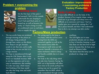 Evaluation- improvements
+ overcoming problems +
Factory Production
Factory/Mass production
1. The top acrylic boxes are produced
through drawing of the pieces on
2D Design, being produced
through laser cutter, so this shows
how cheap it can get, because
acrylic is not that rare, and is really
cheap to buy, so you can but it in
a large amount.
2. The base is manufactured through
using the CNC Router after it was
drawn on Autodesk Inventor, MDF
is not that expensive and is very
easy to manufacture, also sanding
it is also very easy, which means
that finishing of the base would
not take that long, time and work
load efficient.
3. The wiring used in the lamp is
very basic, with the red live wires
coming from the LEDs are
connected together as well as the
blue neutral wires while the
brown/green earth wires are left
separate, basically a structure of a
mains mechanics which is cheap
and heavily available due to it mass
structure.
4. The body is the only thing which
can take time, however, having the
MDF cut in big bunches will allow
more time to be saved, perhaps the
cutting may not be as good, but
remember that its MDF, which is
easily manipulated through sanding
machines.
5. The LED lights are in mass
production already and are cheap
to buy in bunches, keeping in mind
that these are the best kind of light
source, because they do heat up as
much as filament bulbs.
6. This shows that this lamp can be
produced at a large scale.
On the first layer of the paint I
had sprayed, I left it to dry outside
underneath the sun, keeping in
mind I had used black paint, it
heated up, as well as became a bit
sticky, so I had to bring it in the
air-conditioned room to cool down
only to reapply the paint
Painting Issue
Body Cutting
It was really difficult to cut the body of the
product, because of its irregular shape, using a
band saw to go through such sharp turns was
difficult, so to overcome such issue, I had my
teacher give me a tutorial by cutting the 1st of
the 2 pieces himself, and then I had understood
how to do it, my attempt was 99% similar
Problem + overcoming the
problem
 
