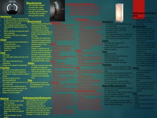 Aesthetics
• A ring to present meteorite fields.
• A light blue LED to show the light
in space from the stars
• The irregular shaped base to
represent the flying saucer of a
UFO
• Black and Blue compliment each
other perfectly
• Variation in the type of shapes
available
Client
• For people who are interested in
space and time
• Intrigued about UFOs
• Interest in Sci-fi
• Aged 10+
Cost
• 200 DHS
• The LED light costs a lot due to its
color
• The base manufacturing is
expensive
• Money to be payed for assembly
Function
• The color of the light is there to
enhance the level of brightness
• The base is made curved to make it
stable
• Its there to give a more
astronomical look
• The switch allows you to turn it on
and off at will.
• The hole in the middle allows a
hand to go through and carry the
lamp where ever you want.
• Makes it more portable
Environment
• Has an energy saving bulb,
releases less waste
comparatively to others
• The spherical covering
around the bulb absorbs he
limited heat released from
the bulb
• The plastic its made from
has gone through various
different processes which
release toxins in the
atmosphere.
• Plastic is made from oil,
which is a fossil fuel and is
an finite source of energy.
• However, the plastics can
be recycled but will need a
high melting point which
will release further toxins
Safety
• An open mouth for the heat
to escape or else the
plastic would start to melt
• The base consists of sharp
vertices which can be
dangerous to underage
kids
Size
• Must be 20 cm X 25 cm
• The diameter of the circle
should be 10 cm
Material
• Acrylic will be mostly used
due its variety
• LED light will be covered
by either some heat
insulating plastic or a
glass that does not absorb
heat
• A good insulator for the
switch
Aesthetics
• Blue light used to portray the
color of the galaxy
• A flat base shows how the
universe looks from earth
• Many mini lights portray the
stars blinking in the sky
• The brown color of the base
compliments the black and
blue
Client
• Who are interested about the
expansion of the galaxy
• Also those who follow the
horoscope
• Aged 10+
• People who understand how to
work hand sensors
Cost
• About 250 DHS
• Many different process and
manufacturing ways raise the
bar
• Different sorts of materials used
• More electronics are involved
with this
• LED lights can cost a fortune
• Has a hand sensor
Function
• LED lights are there to enhance
the brightness
• The base is designed that way
to make is stable and stand up
still
• The lights extruded from the
base are done to bring a more
realistic effect to the lamp
• The lights are designed with a
movement detector, as the hand
waves pass the lights turn on
igniting the room
• The extrusions are aiming
everywhere in a 180 angle to
disperse the light even further
Environment
• The LED lights release heat
• The plastic used for the base is
made from oil, which is a finite
source
• Used battery to make it more
environmental friendly.
• Glass made from extreme
pressure and heat, which could
have possibly released deadly
toxins into the atmosphere
• The sensor could need more
materials which could release
toxins when being
manufactured
Safety
• The extrusions could injure a
person
• The base could slip and fall on
the ground and hurt somebody
somehow
• The lights could be damaged due
to the excessive extrusion
Size
• Has a thick base with a very tall
LED light shaped as an irregular
shape
• Length about 60 cm
• With is about 15 cm
• The short width and tall length
provides a push to spread the
light in a dark room
• The light extrusions provide a
better sensor position for it work
Material/Manufacturing
• Glass is there to cover the LED
light to enhance the effect of light
dispersion
• Plastic base so that it insulates
the electricity passing through
• Switch also a plastic insulator
• Different sort of procedure used
• Laser cutter to cut out the base
• Glass welding to create the shape
Anthropometric/Ergonomic
• The average size of an index
finger can then provide the
dimension for the switch
• The average hand size is
surveyed and found out, and then
the ring is cut through that size
because the hand will be going
through it, to make is portable
Anthropometric/Ergonomic
• The average size of an index finger can
then provide the dimension for the switch
• The average surface area of a human
hand is measure and the sensor is then
detected on that measurements basis
Aesthetics
• A cuboidal shape resembles a part
of a spaceship
• The white color of the lamp
provides it with a calm and
composed look
• The engraves flowers provides and
deep insight and a meaning to the
manufacturers thought process
Client
• For those who enjoy Sci-Fi
• Teens above 10+
• People who are interested in the
depths of space
Cost
• About 300 DHS
• Different sort of manufacturing
methods cost more
• More materials cost more
• Labor is not cheap nowadays
Function
• The LED is places inside the cuboid
which allows the to disperse a white
color
• The flower engravement provide the
magnification of a flower shadow
• The button on the bottom Is to turn it
on and off at will
• The square base makes it stable
showing perhaps how it will not fall
Material/Manufacturing
• Glass used for the sphere to enhance
the lighting for that
• The black belt created through acrylic
through injection molding
• Holes created using laser cutting
machine
• Mostly used glass, acrylic or some
sort of rubber plastic for the switch to
make a perfect insulator
Manufacturing
• The ring was created
through laser cutter
• The cover is created
through injection molding
• The Hole was creates
through laser cutting
Environment
• Has an energy saving
bulb, releases less waste
comparatively to others
• The spherical covering
around the bulb absorbs
he limited heat released
from the bulb
• The plastic its made from
has gone through various
different processes which
release toxins in the
atmosphere.
• Plastic is made from oil,
which is a fossil fuel and is
an finite source of energy.
• However, the plastics can
be recycled but will need a
high melting point which
will release further toxins
Safety
• The bulb is covered to
prevent heat from
escaping
• Its spherical which
prevents a injuries to
occur
• An insulating wire which is
safe for human contact
• Plastic which does not
overheat that often and
quickly
Size
• Size suitable for a room
table
• About 30 cm tall and 45 cm
wide
• Simple size for a child/teen
to use
• Does not overtake place
Anthropometric/Ergon
omic
• The average size of an
index finger can then
provide the dimension for
the switch
 