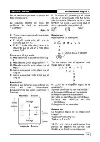 Alejandro Arenas O. Razonamiento Lógico II
35
No es necesario ponerse a pensar en
todo el diccionario.
La segunda palabra del texto del
problema le dará la respuesta:
“Reconocer”
Rpta.: N
7. Tres aviones vuelan en formación de
manera que:
• El Mig-21 vuela más alto y a la
derecha que el F-17.
• El F-17 vuela más alto y más a la
izquierda que el Mig-21 y más atrás
que el F-17
Entonces el Mirage vuela:
A) Más adelante y más arriba que el Mig-
21
B) Más adelante y más abajo que el F-17
C) Más a la izquierda y más abajo que el
Mig-21
D) Más a la derecha y más abajo que el
Mig-21
E) Más a la derecha y más arriba que el
Mig-21
Resolución:
Debido a que tenemos que ordenar los
datos en tres dimensiones.
Bosquejaremos las vistas superiores y
frontales:
8. En cierto año ocurrió que el primer
día de un determinado mes fue lunes,
mientras que el último día de dicho mes
también fue lunes. ¿Qué fecha cayo el
último jueves del mes posterior?
A) 30 B) 25 C) 27
D) 31 E) 24
Resolución:
Bosquejemos un calendario.
Ten en cuenta que el siguiente mes
marzo tiene 31 días
9. ¿Cuál es la negación lógica de la
proposición:
Algunos científicos no son románticos?
A) Algunos científicos son románticos
B) Ningún científico es romántico
C) Todos los científicos son románticos
D) Todos los científicos no son
románticos
E) Ninguna de las anteriores
Resolución:
La negación lógico de la proposición
categórica:
“Algunos P no son Q” es:
“Todos los P son Q”
10. En una carrera participaron tres
parejas de esposos los Arévalo. Los
Castillo y los Gutiérrez se sabe que:
D L M M J V S
1
8
15
29
Último día ¡Febrero!
D L M M J V S
1 2 3
10
17
24
31
Izquierda
Izquierda
Derecha
Derecha
detrás
delante
arriba
abajo
F17
F17
Mig21
Mig21
Mirage
Mirage
 
