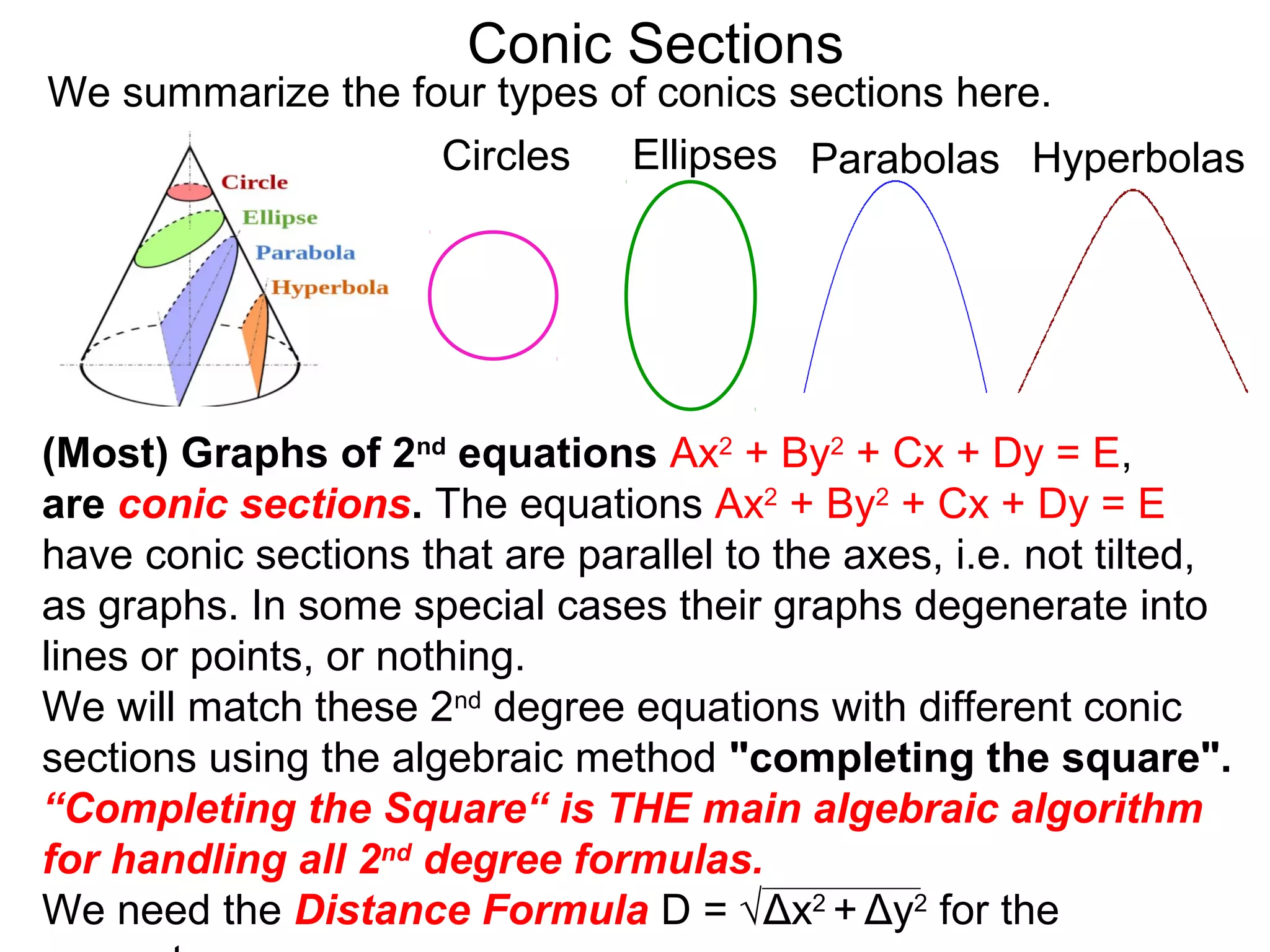Conic Sections
(Most) Graphs of 2nd
equations Ax2
+ By2
+ Cx + Dy = E,
are conic sections. The equations Ax2
+ By2
+ Cx + Dy = E
have conic sections that are parallel to the axes, i.e. not tilted,
as graphs. In some special cases their graphs degenerate into
lines or points, or nothing.
We will match these 2nd
degree equations with different conic
sections using the algebraic method "completing the square".
“Completing the Square“ is THE main algebraic algorithm
for handling all 2nd
degree formulas.
We need the Distance Formula D = √Δx2
+ Δy2
for the
Circles Ellipses Parabolas Hyperbolas
We summarize the four types of conics sections here.
 