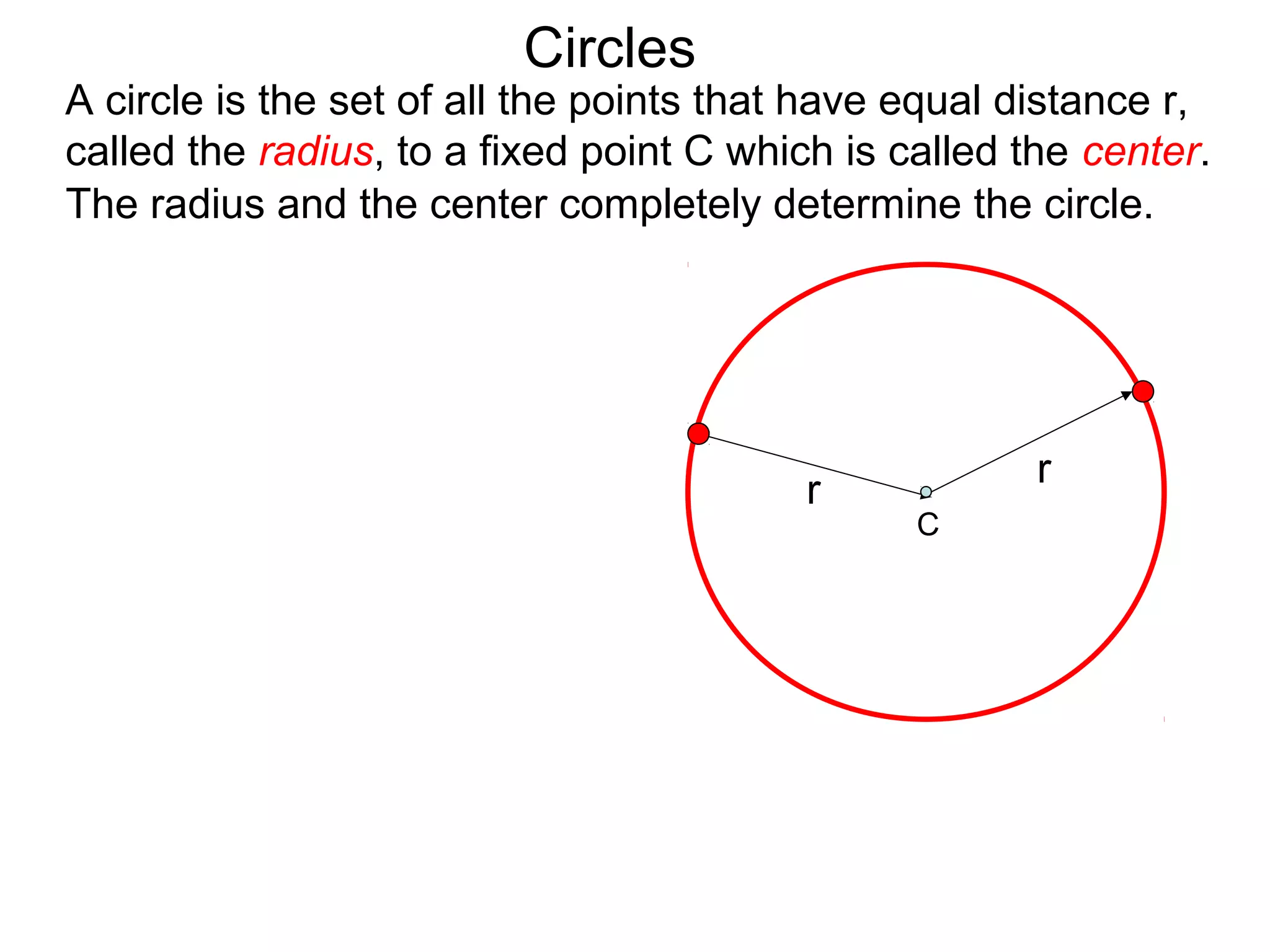 r
r
The radius and the center completely determine the circle.
Circles
A circle is the set of all the points that have equal distance r,
called the radius, to a fixed point C which is called the center.
C
 