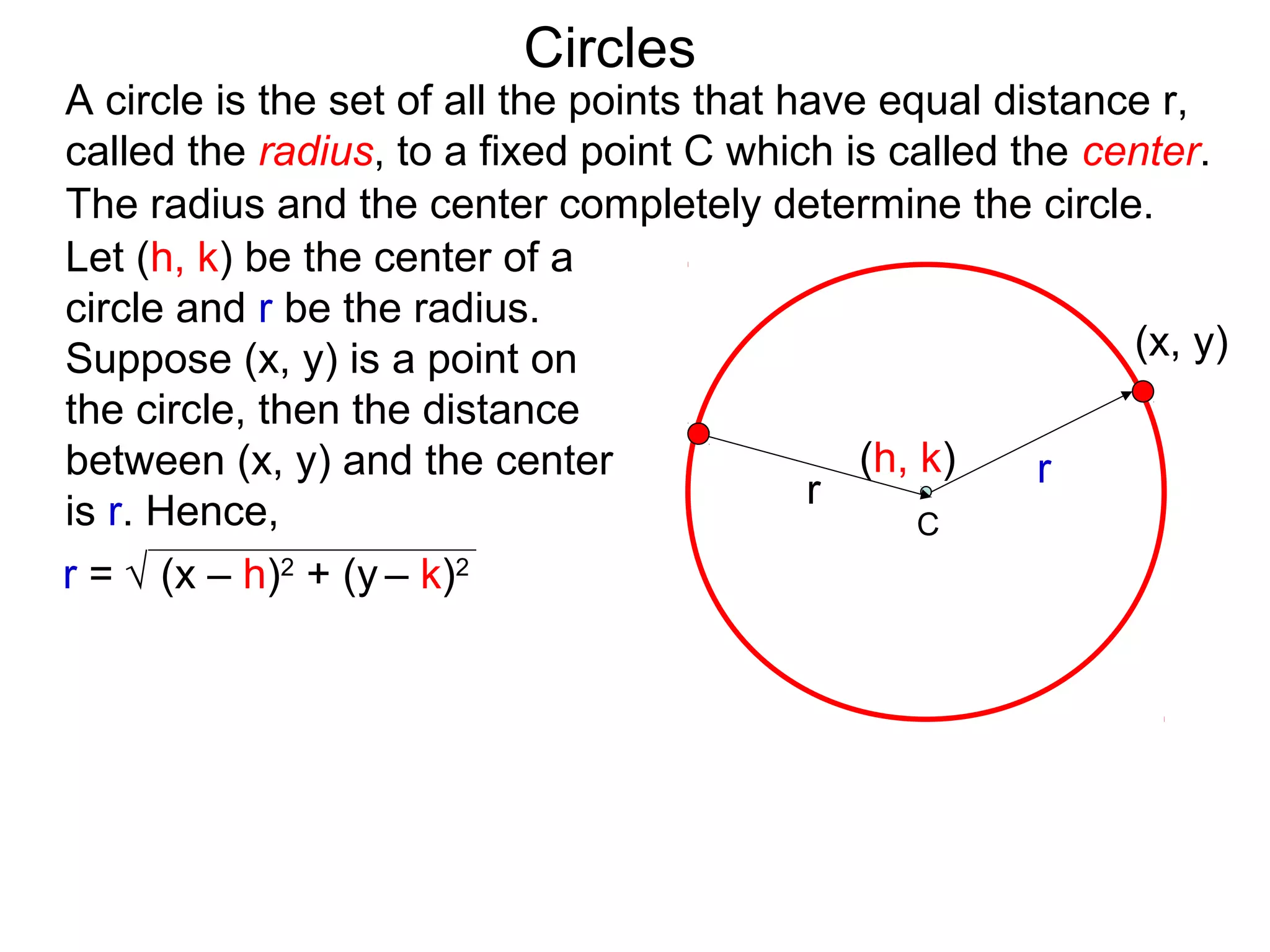 r
The radius and the center completely determine the circle.
Circles
(x, y)
Let (h, k) be the center of a
circle and r be the radius.
Suppose (x, y) is a point on
the circle, then the distance
between (x, y) and the center
is r. Hence,
(h, k)
r = √ (x – h)2
+ (y – k)2
A circle is the set of all the points that have equal distance r,
called the radius, to a fixed point C which is called the center.
r
C
 
