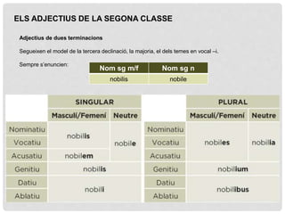 ELS ADJECTIUS DE LA SEGONA CLASSE
Adjectius de dues terminacions
Segueixen el model de la tercera declinació, la majoria, ...