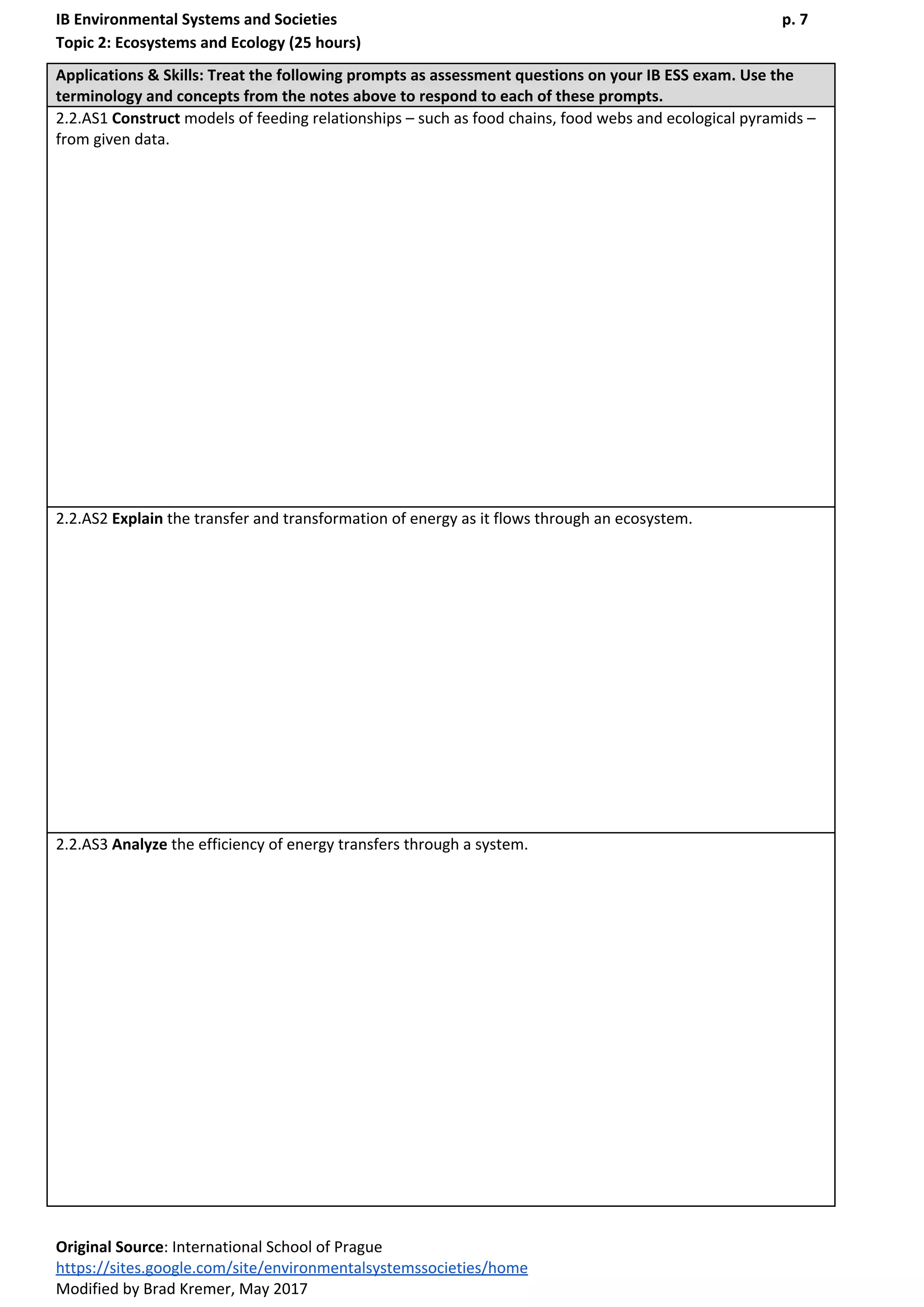 IB Environmental Systems and Societies p. 7
Topic 2: Ecosystems and Ecology (25 hours)
Applications & Skills: Treat the following prompts as assessment questions on your IB ESS exam. Use the
terminology and concepts from the notes above to respond to each of these prompts.
2.2.AS1 ​Construct​ models of feeding relationships – such as food chains, food webs and ecological pyramids –
from given data.
2.2.AS2 ​Explain​ the transfer and transformation of energy as it flows through an ecosystem.
2.2.AS3 ​Analyze​ the efficiency of energy transfers through a system.
Original Source​: International School of Prague
https://sites.google.com/site/environmentalsystemssocieties/home
Modified by Brad Kremer, May 2017
 