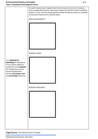 IB Environmental Systems and Societies p. 4
Topic 2: Ecosystems and Ecology (25 hours)
2.5.6 ​Methods for
estimating​ the abundance
of non-motile organisms
include the use of ​quadrats
for making actual counts,
measuring population
density, ​percentage cover
and ​percentage​ frequency.
For each measurement, explain what the term means, the units of measure,
and any applicable formulas. Recall your experience with the random sampling
stations in class. Use the sample quadrats below to help you drawn an example
of how each measurement could be taken.
POPULATION DENSITY:
PERCENT COVER:
PERCENT FREQUENCY:
Original Source​: International School of Prague
https://sites.google.com/site/environmentalsystemssocieties/home
Modified by Brad Kremer, May 2017
 