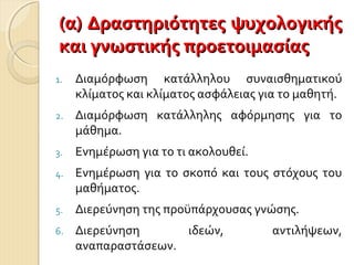 (α) Δραστηριότητες ψυχολογικής(α) Δραστηριότητες ψυχολογικής
και γνωστικής προετοιμασίαςκαι γνωστικής προετοιμασίας
1. Διαμόρφωση κατάλληλου συναισθηματικού
κλίματος και κλίματος ασφάλειας για το μαθητή.
2. Διαμόρφωση κατάλληλης αφόρμησης για το
μάθημα.
3. Ενημέρωση για το τι ακολουθεί.
4. Ενημέρωση για το σκοπό και τους στόχους του
μαθήματος.
5. Διερεύνηση της προϋπάρχουσας γνώσης.
6. Διερεύνηση ιδεών, αντιλήψεων,
αναπαραστάσεων.
 