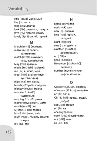 N
O
name [neim] ім'я
neck [nek] шия
new [nju:] новий
nice [nais] гарний,
лагідний
night [nait] ніч
nine [nain] дев'ять
nineteen [nain9tI:n]
дев'ятнадцять
no [n3U] ні
nose [n3Ux] ніс
November [n3U9vembC]
листопад
number [9nymb3] число,
цифра, кількість
October [Ak9t3UbC] жовтень
of course [3f 9kc:s] звичайно
oh [3U] ой!; о!
OK [3U 9kei] гаразд!, згода!,
добре!
old [3Uld] старий
on [An] на
one [wyn] один
open [93Up3n] відкривати
our [9aU3] наш
ox [Aks] бик
little [lit(C)l] маленький
live [liv] жити
long [lc:N] довгий
look [lUk] дивитися, глянути
love [lyv] любити, кохати
lovely [9lyvlI] милий, гарний
March [m4:tS] березень
make [meik] робити,
виготовляти
match [m2tS] знаходити
пару, відповідність
May [mei] травень
magic [9m2dzik] чарівний
me [mI] я, мене, мені
meet [mI:t] знайомитися;
зустрічати(ся)
miss [mis] міс, панна
Monday [9myndi] понеділок
monkey [9mynkI] мавпа
monster [9mAnst3]
чудовисько
morning [9mc:niN] ранок
mother [9myq3] мати, мама
mouth [maU8] рот
Mr [9mist3] пан, містер
Mrs [9misix] пані, місіс
mum [mym], mummy [9mymI]
матуся
my [mai] мій
M
132
Vocabulary
 
