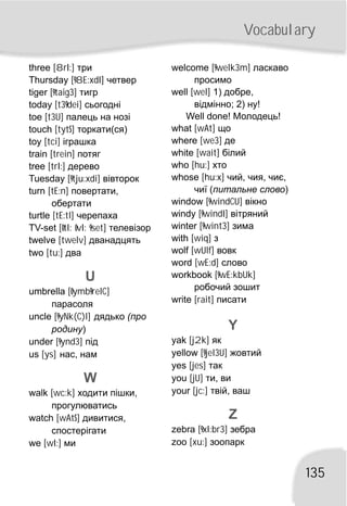 welcome [9welk3m] ласкаво
просимо
well [wel] 1) добре,
відмінно; 2) ну!
Well done! Молодець!
what [wAt] що
where [we3] де
white [wait] білий
who [hu:] хто
whose [hu:x] чий, чия, чиє,
чиї (питальне слово)
window [9windCU] вікно
windy [9windI] вітряний
winter [9wint3] зима
with [wiq] з
wolf [wUlf] вовк
word [wE:d] слово
workbook [9wE:kbUk]
робочий зошит
write [rait] писати
yak [j2k] як
yellow [9jel3U] жовтий
yes [jes] так
you [jU] ти, ви
your [jc:] твій, ваш
zebra [9xI:br3] зебра
zoo [xu:] зоопарк
Y
Z
three [8rI:] три
Thursday [98E:xdI] четвер
tiger [9taig3] тигр
today [t39dei] сьогодні
toe [t3U] палець на нозі
touch [tytS] торкати(ся)
toy [tci] іграшка
train [trein] потяг
tree [trI:] дерево
Tuesday [9tju:xdi] вівторок
turn [tE:n] повертати,
обертати
turtle [tE:tl] черепаха
TV-set [0tI: 0vI: 9set] телевізор
twelve [twelv] дванадцять
two [tu:] два
umbrella [0ymb9relC]
парасоля
uncle [9yNk(C)l] дядько (про
родину)
under [9ynd3] під
us [ys] нас, нам
walk [wc:k] ходити пішки,
прогулюватись
watch [wAtS] дивитися,
спостерігати
we [wI:] ми
U
W
135
Vocabulary
 