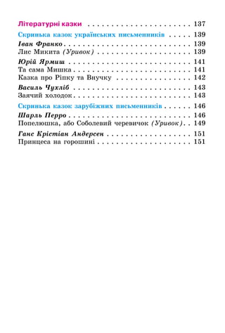 Літературні казки  . . . . . . . . . . . . . . . . . . . . . . . 137
Cкринька казок українських письменників . . . . . . 139
Іван Франко  . . . . . . . . . . . . . . . . . . . . . . . . . . . 139
Лис Микита (Уривок) . . . . . . . . . . . . . . . . . . . . . 139
Юрій Ярмиш . . . . . . . . . . . . . . . . . . . . . . . . . . . 141
Та сама Мишка  . . . . . . . . . . . . . . . . . . . . . . . . . 141
Казка про Ріпку та Внучку . . . . . . . . . . . . . . . . . 142
Василь Чухліб . . . . . . . . . . . . . . . . . . . . . . . . . . 143
Заячий холодок . . . . . . . . . . . . . . . . . . . . . . . . . 143
Cкринька казок зарубіжних письменників  . . . . . . 146
Шарль Перро  . . . . . . . . . . . . . . . . . . . . . . . . . . 146
Попелюшка, або Соболевий черевичок (Уривок) . . 149
Ганс Крістіан Андерсен . . . . . . . . . . . . . . . . . . . 151
Принцеса на горошині  . . . . . . . . . . . . . . . . . . . . 151
 