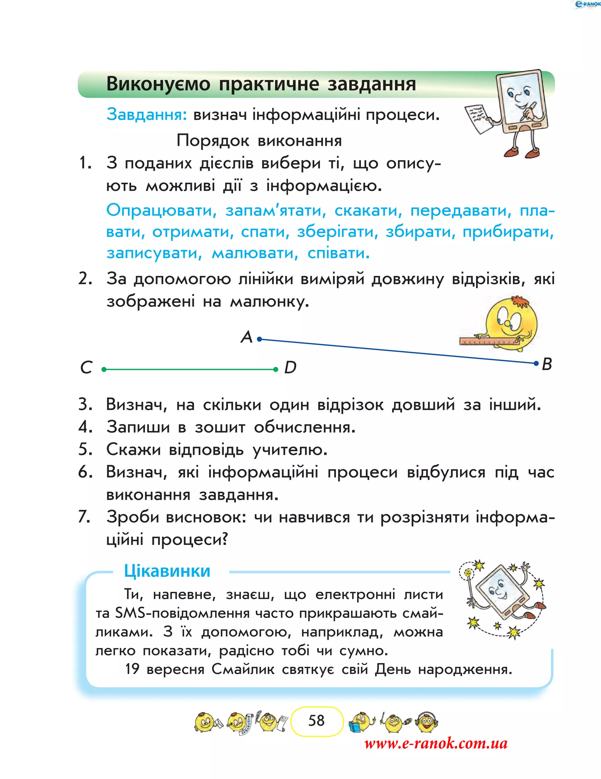 58
Виконуємо практичне завдання
Завдання: визнач інформаційні процеси.
Порядок виконання
1.	 З поданих дієслів вибери ті, що опису-
ють можливі дії з інформацією.
	 Опрацювати, запам’ятати, скакати, передавати, пла-
вати, отримати, спати, зберігати, збирати, ­прибирати,
записувати, малювати, співати.
2.	 За допомогою лінійки виміряй довжину відрізків, які
зображені на малюнку.
С D
А
В
3.	 Визнач, на скільки один відрізок довший за інший.
4.	 Запиши в зошит обчислення.
5.	 Скажи відповідь учителю.
6.	 Визнач, які інформаційні процеси відбулися під час
виконання завдання.
7.	 Зроби висновок: чи навчився ти розрізняти інформа-
ційні процеси?
Цікавинки
Ти, напевне, знаєш, що електронні листи
та SMS-повідомлення часто прикрашають смай-
ликами. З їх допомогою, наприклад, можна
легко показати, радісно тобі чи сумно.
19 вересня Смайлик святкує свій День народження.
www.e-ranok.com.ua
 
