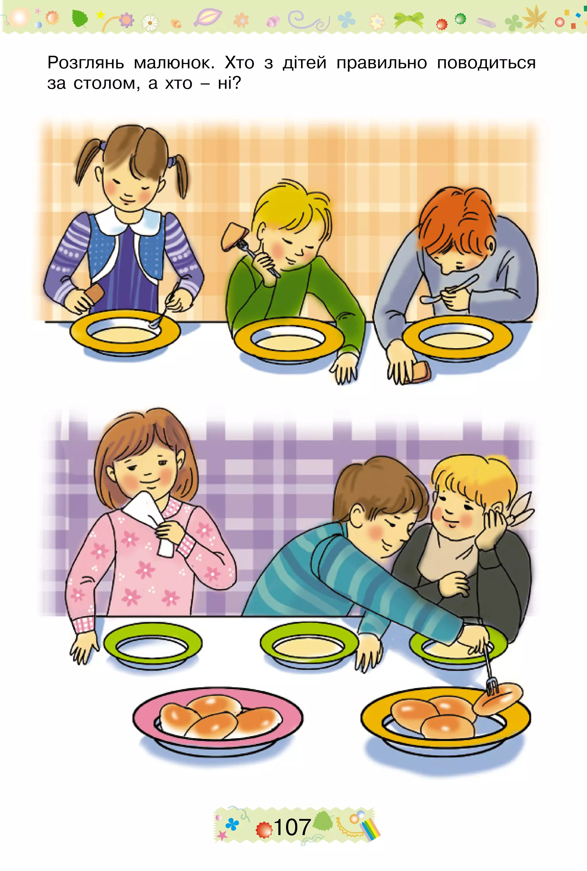 107
Розглянь малюнок. Хто з дітей правильно поводиться
за столом, а хто – ні?
 