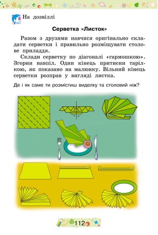 112
	На дозвіллі
Серветка «Листок»
Разом з друзями навчися оригінально скла-
дати серветки і правильно розміщувати столо-
ве приладдя.
Склади серветку по діагоналі «гармошкою».
Згорни навпіл. Один кінець притисни таріл-
кою, як показано на малюнку. Вільний кінець
серветки розправ у вигляді листка.
Де і як саме ти розмістиш виделку та столовий ніж?
 