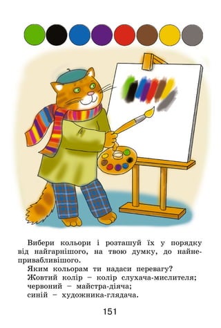 151
Вибери кольори і розташуй їх у порядку
від найгарнішого, на твою думку, до найне-
привабливішого.
Яким кольорам ти надаси перевагу?
Жовтий колір – колір слухача-мислителя;
червоний – майстра-діяча;
синій – художника-глядача.
 