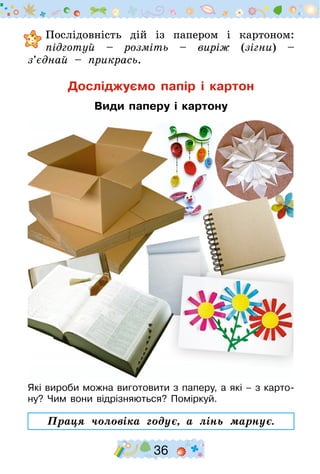 36
	Послідовність дій із папером і картоном:
підготуй – розміть – виріж (зігни) –
з’єднай – прикрась.
Досліджуємо папір і картон
Види паперу і картону
Які вироби можна виготовити з паперу, а які – з карто-
ну? Чим вони відрізняються? Поміркуй.
Праця чоловіка годує, а лінь марнує.
 