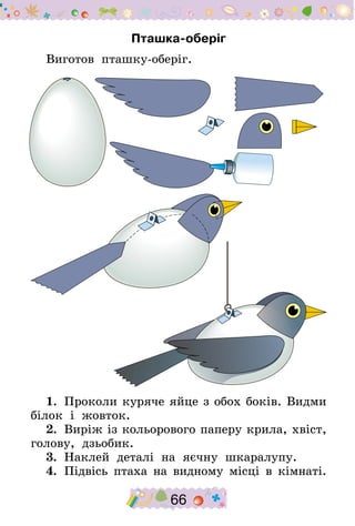 66
Пташка-оберіг
Виготов пташку-оберіг.
1.  Проколи куряче яйце з обох боків. Видми
білок і жовток.
2.  Виріж із кольорового паперу крила, хвіст,
голову, дзьобик.
3.  Наклей деталі на яєчну шкаралупу.
4.  Підвісь птаха на видному місці в кімнаті.
 