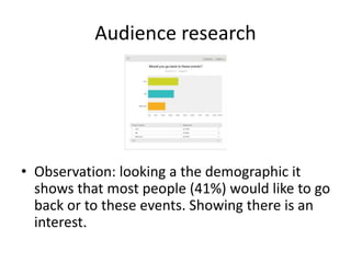 Audience research
• Observation: looking a the demographic it
shows that most people (41%) would like to go
back or to these events. Showing there is an
interest.
 