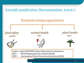Scientific justification, Harmonization: Article 3
15
Standard-setting organizations
food safety
CODEX
plant health
IPPC
a...