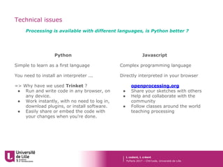 Technical issues
Processing is available with different languages, is Python better ?
PyParis 2017 – Chti’code, Université...