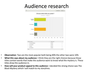 Audience research
• Observation: Two are the most popular both being 40% the other two were 10%
• What this says about my audience: I think they are the right choices because those
titles contain words that make the audience want to know what the mystery is. These
titles draw the audience in.
• How will your product appeal to this audience: I decided the strong choice was The
Black Mystery which I will match to my storylines.
 