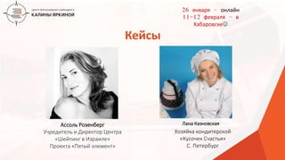 ТЕКСТ
ТЕКСТ
ТЕКСТ
Кейсы
Учредитель и Директор Центра
«Шейпинг в Израиле»
Проекта «Пятый элемент»
Ассоль Розенберг Лана Казновская
Хозяйка кондитерской
«Кусочек Счастья»
С. Петербург
26 января – онлайн
11-12 февраля – в
Хабаровске
 