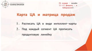 ТЕКСТ
ТЕКСТ
ТЕКСТ
Карта ЦА и матрица продаж
1. Расписать ЦА в виде интеллект-карты
2. Под каждый сегмент ЦА прописать
продуктовую линейку
26 января – онлайн
11-12 февраля – в
Хабаровске
 