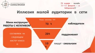ТЕКСТ
Иллюзия малой аудитории в сети
пишут - смельчаки
поддакивают
наблюдателиМини инструкция
РАБОТЫ С НЕГАТИВОМ
СОСТАВЛЯЕМ НА
СЛЕДУЮЩЕМ
МАСТЕР-КЛАССЕ
 10
%
20%
70 %
Риски негатива ТУТ
26 января – онлайн
11-12 февраля – в
Хабаровске
 
