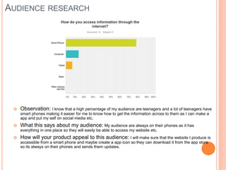 AUDIENCE RESEARCH
 Observation: I know that a high percentage of my audience are teenagers and a lot of teenagers have
smart phones making it easier for me to know how to get the information across to them as I can make a
app and put my self on social media etc.
 What this says about my audience: My audience are always on their phones as it has
everything in one place so they will easily be able to access my website etc.
 How will your product appeal to this audience: I will make sure that the website I produce is
accessible from a smart phone and maybe create a app icon so they can download it from the app store
so its always on their phones and sends them updates.
 