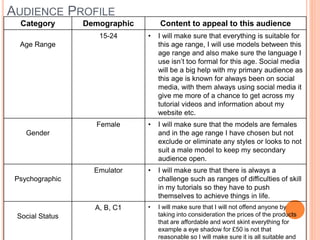 AUDIENCE PROFILE
Category Demographic Content to appeal to this audience
Age Range
15-24 • I will make sure that everything is suitable for
this age range, I will use models between this
age range and also make sure the language I
use isn’t too formal for this age. Social media
will be a big help with my primary audience as
this age is known for always been on social
media, with them always using social media it
give me more of a chance to get across my
tutorial videos and information about my
website etc.
Gender
Female • I will make sure that the models are females
and in the age range I have chosen but not
exclude or eliminate any styles or looks to not
suit a male model to keep my secondary
audience open.
Psychographic
Emulator • I will make sure that there is always a
challenge such as ranges of difficulties of skill
in my tutorials so they have to push
themselves to achieve things in life.
Social Status
A, B, C1 • I will make sure that I will not offend anyone by
taking into consideration the prices of the products
that are affordable and wont skint everything for
example a eye shadow for £50 is not that
reasonable so I will make sure it is all suitable and
 