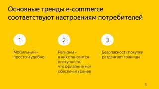 Мобильный –
просто и удобно
Регионы –
в них становится
доступно то,
что офлайн не мог
обеспечить ранее
Безопасность покупки
раздвигает границы
1 2 3
Основные тренды e-commerce
соответствуют настроениям потребителей
5
 