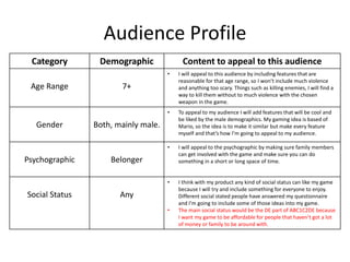 Audience Profile
Category Demographic Content to appeal to this audience
Age Range 7+
• I will appeal to this audience by including features that are
reasonable for that age range, so I won’t include much violence
and anything too scary. Things such as killing enemies, I will find a
way to kill them without to much violence with the chosen
weapon in the game.
Gender Both, mainly male.
• To appeal to my audience I will add features that will be cool and
be liked by the male demographics. My gaming idea is based of
Mario, so the idea is to make it similar but make every feature
myself and that’s how I’m going to appeal to my audience.
Psychographic Belonger
• I will appeal to the psychographic by making sure family members
can get involved with the game and make sure you can do
something in a short or long space of time.
Social Status Any
• I think with my product any kind of social status can like my game
because I will try and include something for everyone to enjoy.
Different social stated people have answered my questionnaire
and I’m going to include some of those ideas into my game.
• The main social status would be the DE part of ABC1C2DE because
I want my game to be affordable for people that haven’t got a lot
of money or family to be around with.
 