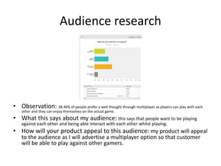 Audience research
• Observation: 38.46% of people prefer a well thought through multiplayer as players can play with each
other and they can enjoy themselves on the actual game.
• What this says about my audience: this says that people want to be playing
against each other and being able interact with each other whilst playing.
• How will your product appeal to this audience: my product will appeal
to the audience as I will advertise a multiplayer option so that customer
will be able to play against other gamers.
 
