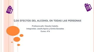 LOS EFECTOS DEL ALCOHOL EN TODAS LAS PERSONAS
Profesora jefe: Claudia Cabello.
Integrantes: Josefa Apariz y Emilia González
Curso: 4°A
 