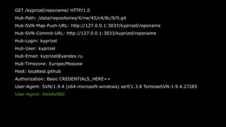 49
GET /kyprizel/reponame/ HTTP/1.0
Hub-Path: /data/repositories/4/nw/45/c4/8c/9/9.git
Hub-SVN-Map-Push-URL: http://127.0.0.1:3037/kyprizel/reponame
Hub-SVN-Commit-URL: http://127.0.0.1:3033/kyprizel/reponame
Hub-Login: kyprizel
Hub-User: kyprizel
Hub-Email: kyprizel@yandex.ru
Hub-Timezone: Europe/Moscow
Host: localtest.github
Authorization: Basic CREDENTIALS_HERE==
User-Agent: SVN/1.9.4 (x64-microsoft-windows) serf/1.3.8 TortoiseSVN-1.9.4.27285
User-Agent: AAAAx980
 