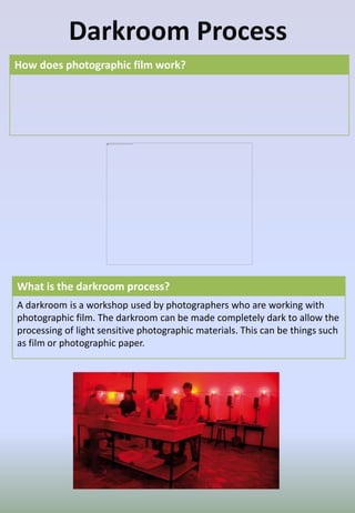Darkroom Process
How does photographic film work?
What is the darkroom process?
A darkroom is a workshop used by photographers who are working with
photographic film. The darkroom can be made completely dark to allow the
processing of light sensitive photographic materials. This can be things such
as film or photographic paper.
 