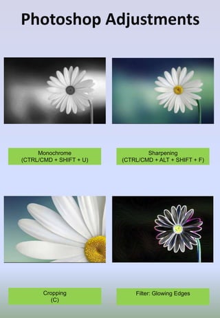 Sharpening
(CTRL/CMD + ALT + SHIFT + F)
Filter: Glowing Edges
Monochrome
(CTRL/CMD + SHIFT + U)
Photoshop Adjustments
Cropping
(C)
 