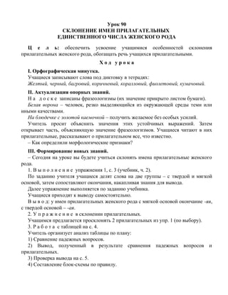 Урок 90
СКЛОНЕНИЕ ИМЕН ПРИЛАГАТЕЛЬНЫХ
ЕДИНСТВЕННОГО ЧИСЛА ЖЕНСКОГО РОДА
Ц е л ь: обеспечить усвоение учащимися особенностей склонения
прилагательных женского рода, обогащать речь учащихся прилагательными.
Х о д у р о к а
I. Орфографическая минутка.
Учащиеся записывают слова под диктовку в тетрадях:
Желтый, черный, багровый, коричневый, коралловый, фиолетовый, кумачовый.
II. Актуализация опорных знаний.
Н а д о с к е записаны фразеологизмы (их значение прикрыто листом бумаги).
Белая ворона – человек, резко выделяющийся из окружающей среды теми или
иными качествами.
На блюдечке с золотой каемочкой – получить желаемое без особых усилий.
Учитель просит объяснить значения этих устойчивых выражений. Затем
открывает часть, объясняющую значение фразеологизмов. Учащиеся читают в них
прилагательные, рассказывают о прилагательном все, что известно.
– Как определили морфологические признаки?
III. Формирование новых знаний.
– Сегодня на уроке вы будете учиться склонять имена прилагательные женского
рода.
1. В ы п о л н е н и е упражнения 1, с. 3 (учебник, ч. 2).
По заданию учителя учащиеся делят слова на две группы – с твердой и мягкой
основой, затем сопоставляют окончания, накапливая знания для вывода.
Далее упражнение выполняется по заданию учебника.
Учащиеся приходят к выводу самостоятельно.
В ы в о д: у имен прилагательных женского рода с мягкой основой окончание -яя,
с твердой основой – -ая.
2. У п р а ж н е н и е в склонении прилагательных.
Учащимся предлагается просклонять 2 прилагательных из упр. 1 (по выбору).
3. Р а б о т а с таблицей на с. 4.
Учитель организует анализ таблицы по плану:
1) Сравнение падежных вопросов.
2) Вывод, полученный в результате сравнения падежных вопросов и
прилагательных.
3) Проверка вывода на с. 5.
4) Составление блок-схемы по правилу.
 