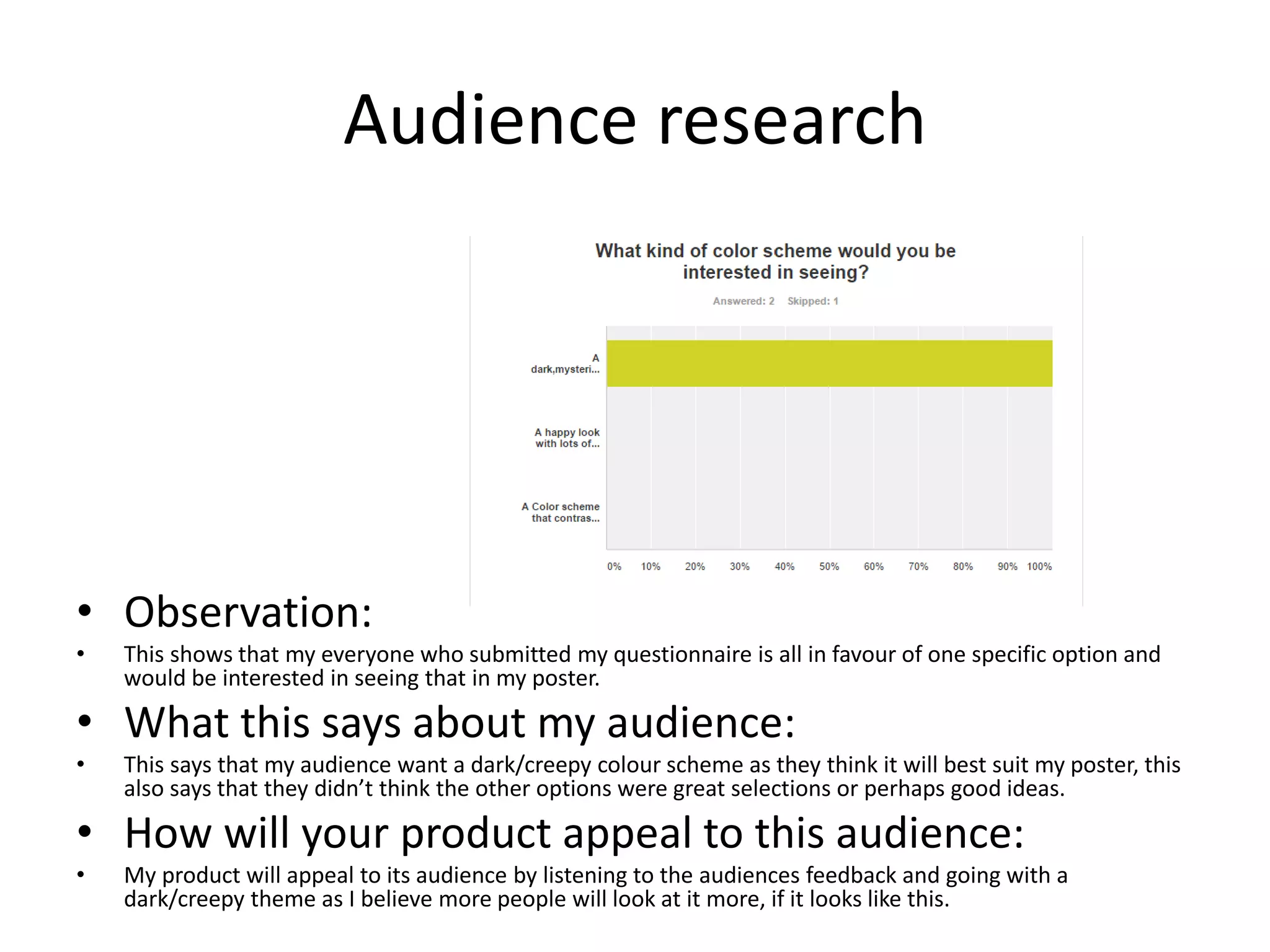 Audience research
• Observation:
• This shows that my everyone who submitted my questionnaire is all in favour of one specific option and
would be interested in seeing that in my poster.
• What this says about my audience:
• This says that my audience want a dark/creepy colour scheme as they think it will best suit my poster, this
also says that they didn’t think the other options were great selections or perhaps good ideas.
• How will your product appeal to this audience:
• My product will appeal to its audience by listening to the audiences feedback and going with a
dark/creepy theme as I believe more people will look at it more, if it looks like this.
 