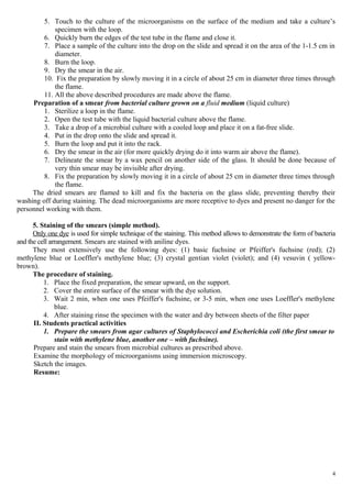 5. Touch to the culture of the microorganisms on the surface of the medium and take a culture’s
specimen with the loop.
6. Quickly burn the edges of the test tube in the flame and close it.
7. Place a sample of the culture into the drop on the slide and spread it on the area of the 1-1.5 cm in
diameter.
8. Burn the loop.
9. Dry the smear in the air.
10. Fix the preparation by slowly moving it in a circle of about 25 cm in diameter three times through
the flame.
11. All the above described procedures are made above the flame.
Preparation of a smear from bacterial culture grown on a fluid medium (liquid culture)
1. Sterilize a loop in the flame.
2. Open the test tube with the liquid bacterial culture above the flame.
3. Take a drop of a microbial culture with a cooled loop and place it on a fat-free slide.
4. Put in the drop onto the slide and spread it.
5. Burn the loop and put it into the rack.
6. Dry the smear in the air (for more quickly drying do it into warm air above the flame).
7. Delineate the smear by a wax pencil on another side of the glass. It should be done because of
very thin smear may be invisible after drying.
8. Fix the preparation by slowly moving it in a circle of about 25 cm in diameter three times through
the flame.
The dried smears are flamed to kill and fix the bacteria on the glass slide, preventing thereby their
washing off during staining. The dead microorganisms are more receptive to dyes and present no danger for the
personnel working with them.
5. Staining of the smears (simple method).
Only one dye is used for simple technique of the staining. This method allows to demonstrate the form of bacteria
and the cell arrangement. Smears are stained with aniline dyes.
They most extensively use the following dyes: (1) basic fuchsine or Pfeiffer's fuchsine (red); (2)
methylene blue or Loeffler's methylene blue; (3) crystal gentian violet (violet); and (4) vesuvin ( yellow-
brown).
The procedure of staining.
1. Place the fixed preparation, the smear upward, on the support.
2. Cover the entire surface of the smear with the dye solution.
3. Wait 2 min, when one uses Pfeiffer's fuchsine, or 3-5 min, when one uses Loeffler's methylene
blue.
4. After staining rinse the specimen with the water and dry between sheets of the filter paper
II. Students practical activities
1. Prepare the smears from agar cultures of Staphylococci and Escherichia coli (the first smear to
stain with methylene blue, another one – with fuchsine).
Prepare and stain the smears from microbial cultures as prescribed above.
Examine the morphology of microorganisms using immersion microscopy.
Sketch the images.
Resume:
4
 