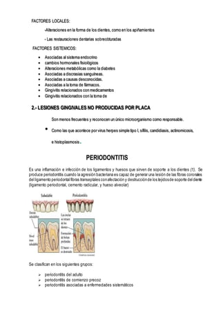 FACTORES LOCALES:
-Alteraciones en la forma de los dientes, como en los apiñamientos
- Las restauraciones dentarias sobreobturadas
FACTORES SISTEMICOS:
 Asociadas al sistema endocrino
 cambios hormonales fisiológicos
 Alteraciones metabólicas como la diabetes
 Asociadas a discrasias sanguíneas.
 Asociadas a causas desconocidas.
 Asociadas a la toma de fármacos.
 Gingivitis relacionados con medicamentos
 Gingivitis relacionados con la toma de
2.- LESIONES GINGIVALES NO PRODUCIDAS POR PLACA
Son menos frecuentes y reconocen un único microorganismo como responsable.
• Como las que acontece por virus herpes simple tipo I, sífilis, candidiasis, actinomicosis,
e histoplasmosis.
PERIODONTITIS
Es una inflamación e infección de los ligamentos y huesos que sirven de soporte a los dientes (1), Se
produce periodontitis cuando la agresión bacteriana es capaz de generar una lesión de las fibras coronales
delligamento periodontal fibras transeptales conafectación y destrucciónde los tejidosde soporte deldiente
(ligamento periodontal, cemento radicular, y hueso alveolar)
Se clasifican en los siguientes grupos:
 periodontitis del adulto
 periodontitis de comienzo precoz
 periodontitis asociadas a enfermedades sistemáticos
 