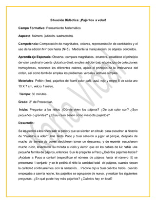 Situación Didáctica: ¡Pajaritos a volar!
Campo Formativo: Pensamiento Matemático
Aspecto: Número (adición- sustracción).
Competencia: Comparación de magnitudes, colores, representación de cantidades y el
uso de la adición N+1con hasta (N+5). Mediante la manipulación de objetos concretos.
Aprendizaje Esperado: Observa, compara magnitudes, enumera, establece el principio
de valor cardinal y cuenta global cardinal, emplea adiciónbajo el principio de colecciones
homogéneas, reconoce los diferentes colores, aplica el principio de la irrelevancia del
orden, así como también emplea los problemas verbales aditivos simples.
Materiales: Pellón (1m), pajaritos de foami color café, azul, rojo y negro 5 de cada uno
10 X 7 cm, velcro 1 metro.
Tiempo: 30 minutos.
Grado: 2° de Preescolar.
Inicio: Preguntar a los niños ¿Dónde viven los pájaros? ¿De qué color son? ¿Son
pequeños o grandes? ¿En su casa tienen como mascota pajaritos?
Desarrollo:
Se les pedirá a los niños salir al patio y que se sienten en círculo para escuchar la historia
de “Pajaritos a volar”: Una tarde Paco y Susi salieron a jugar al parque, después de
mucho de tiempo de correr decidieron tomar un descanso, y de repente escucharon
mucho ruido, levantaron su mirada al cielo y vieron que en los cables de luz había una
pequeña familia de pájaros, entonces Susi le preguntó a Paco ¿Cuántos pajaritos había?
¡Ayúdale a Paco a contar! (especificar el número de pájaros hasta el número 5) se
presentará 1 conjunto y se le pedirá al niño la cantidad total de pájaros, cuando sepan
la cantidad continuaremos con la narración… Paco le dijo a Susi cuántos había, cuando
empezaba a caer la noche, los pajaritos se agruparon de nuevo, y realizar las siguientes
preguntas: ¿En qué poste hay más pajaritos? ¿Cuántos hay en total?
 
