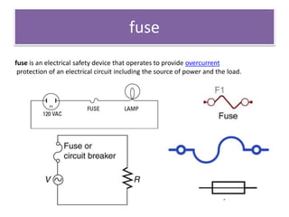 fuse
fuse is an electrical safety device that operates to provide overcurrent
protection of an electrical circuit including the source of power and the load.
 