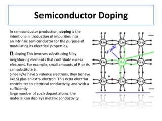 Semiconductor Doping
In semiconductor production, doping is the
intentional introduction of impurities into
an intrinsic semiconductor for the purpose of
modulating its electrical properties.
ndoping This involves substituting Si by
neighboring elements that contribute excess
electrons. For example, small amounts of P or As
can substitute Si.
Since P/As have 5 valence electrons, they behave
like Si plus an extra electron. This extra electron
contributes to electrical conductivity, and with a
sufficiently
large number of such dopant atoms, the
material can displays metallic conductivity.
 