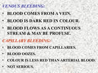 VENOUS BLEEDING:
• BLOOD COMES FROM A VEIN.
• BLOOD IS DARK RED IN COLOUR.
• BLOOD FLOWS AS A CONTINUOUS
STREAM & MAY BE PROFUSE.
CAPILLARY BLEEDING:
• BLOOD COMES FROM CAPILLARIES.
• BLOOD OOZES.
• COLOUR IS LESS RED THAN ARTERIAL BLOOD.
• NOT SERIOUS.
 