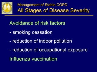 Management of Stable COPD
All Stages of Disease Severity
Avoidance of risk factors
- smoking cessation
- reduction of indoor pollution
- reduction of occupational exposure
Influenza vaccination
 