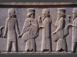 The figures proceed in a dignified and orderly procession, bearing gifts for the king
 